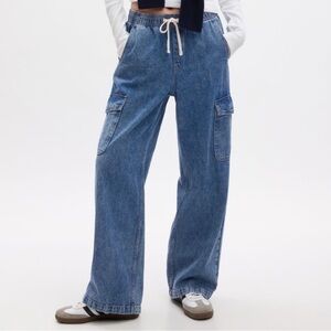 Gap Factory High Rise Wide-Leg Cargo Pull-On Jeans - Medium Cargo Wash - Size L